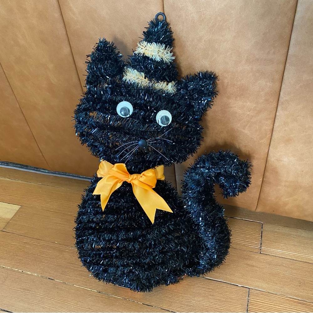 Vintage Tinsel Halloween Decoration Black Cat w/ Witch Hat